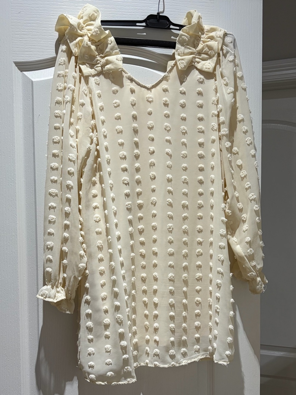entro Ivory Pom-Pom Long Sleeve V-Neck Dress with Shoulder Bows